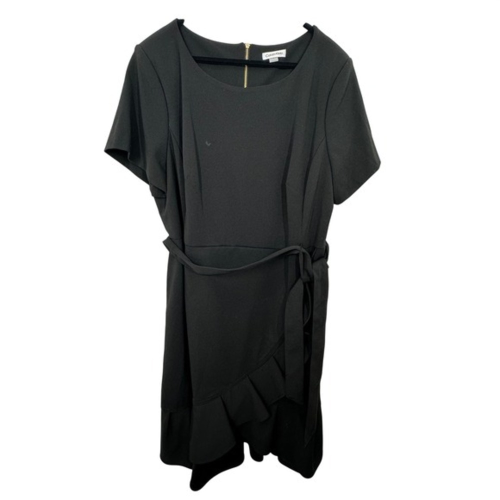 Calvin Klein Womens Plus Size 22W Black Short Sleeve Tie Waist Ruffle‎ Hem Dress - Picture 2 of 9